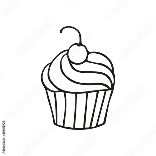 Single hand-drawn cupcake with cherry. In doodle style, black outline isolated on a white background. For banners, cards, stickers, coloring books, design, business. Vector illustration