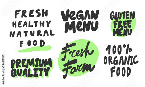 Green eco eat vegan organic bio sticker collection for social media content. Vector hand drawn illustration design. 