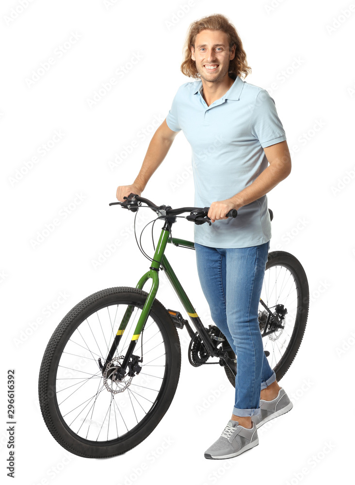 Happy young man with bicycle on white background Happy young man with bicycle on white background