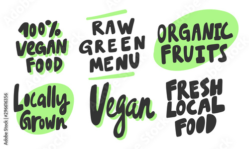 Green eco eat vegan organic bio sticker collection for social media content. Vector hand drawn illustration design. 