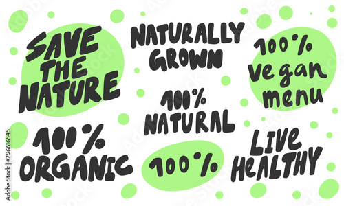 Green eco eat vegan organic bio sticker collection for social media content. Vector hand drawn illustration design. 