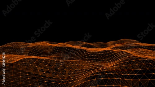 Futuristic flying over 3D plexus orange waving terrain abstract technology background -  moving dots and lines network connection structure in black space background