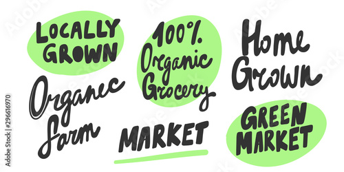 Green eco eat vegan organic bio sticker collection for social media content. Vector hand drawn illustration design. 