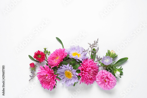 Composition with beautiful aster flowers on white background, top view