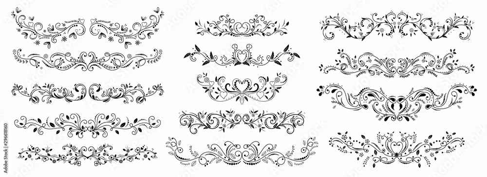 Obraz premium wreath design ornaments with flowers and hearts vectors. Branches with Ornaments vector. Doodle design elements. Decorative swirls dividers
