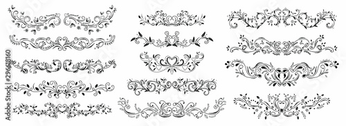 wreath design ornaments with flowers and hearts vectors. Branches with Ornaments vector.   Doodle design elements. Decorative swirls dividers