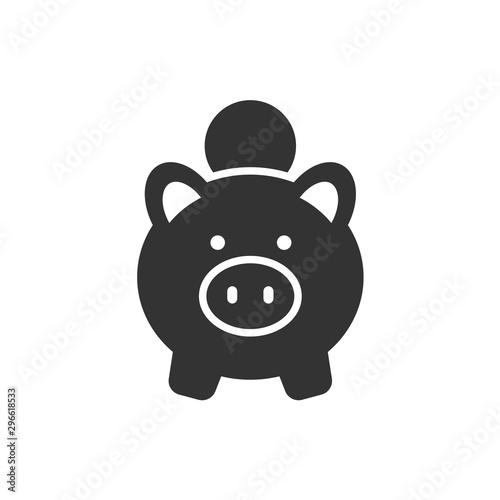 Put coin in piggy bank black icon on white background. Saving money concept