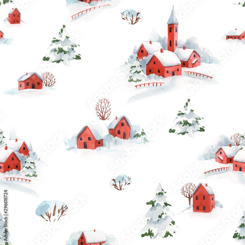 Watercolor vector seamless pattern winter snowy christmas time red house town landscape fir trees