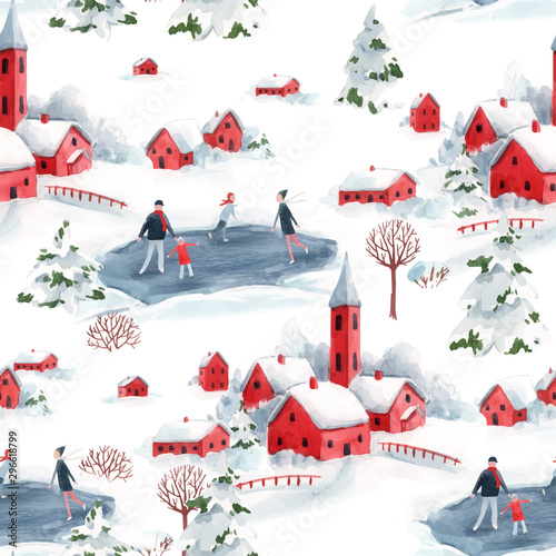 Watercolor vector seamless pattern winter snowy christmas time red house town landscape fir trees