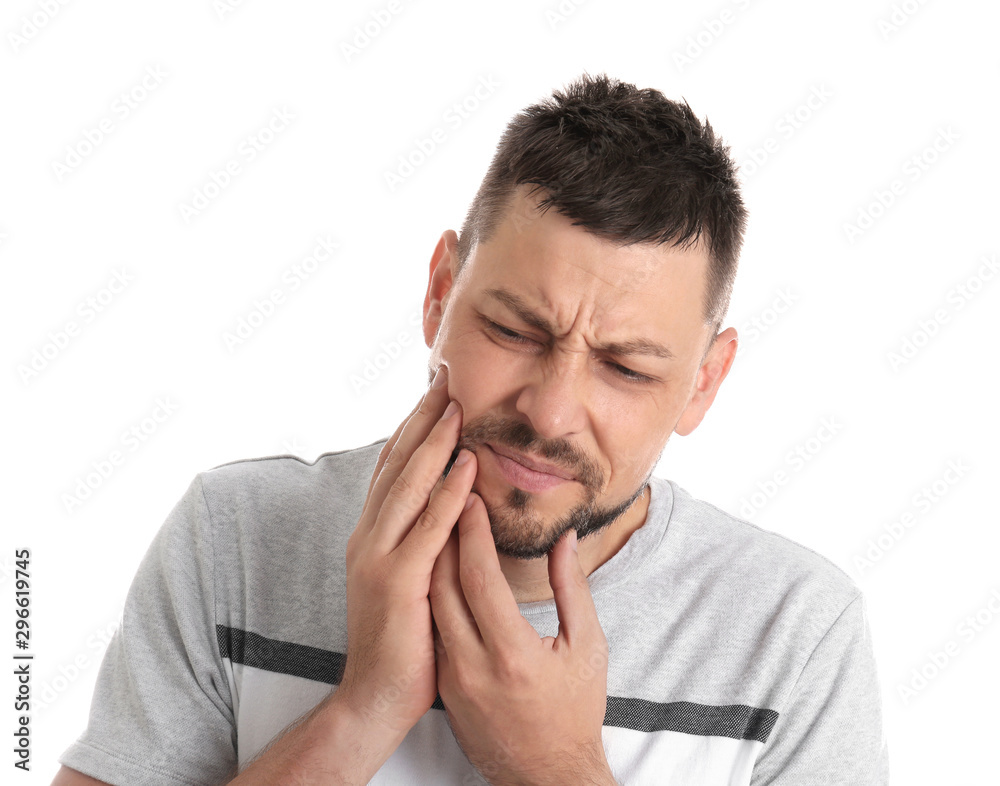Man suffering from toothache on white background Man suffering from toothache on white background