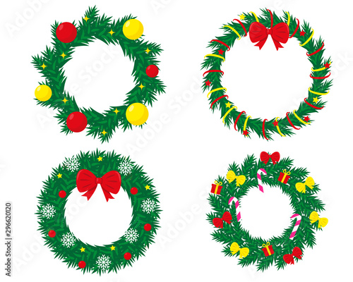 Set of decorated christmas wreaths. New Year and Christmas vector illustrations isolated on white background.