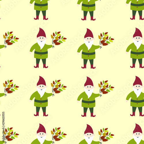 Seamless pattern with gnomes and autumn leaves