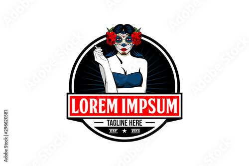 Calavera Catrina sugar skull and halloween emblem vector logo template
