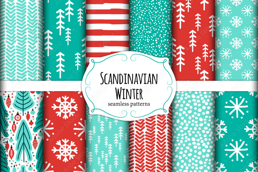 Cute Scandinavian Winter hand drawn seamless patterns set
