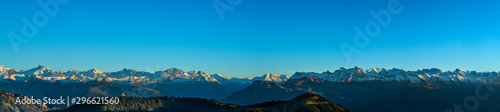 Panorama landscape view of Alps in Switzerland from the top of Rigi Kulm on twilight time.