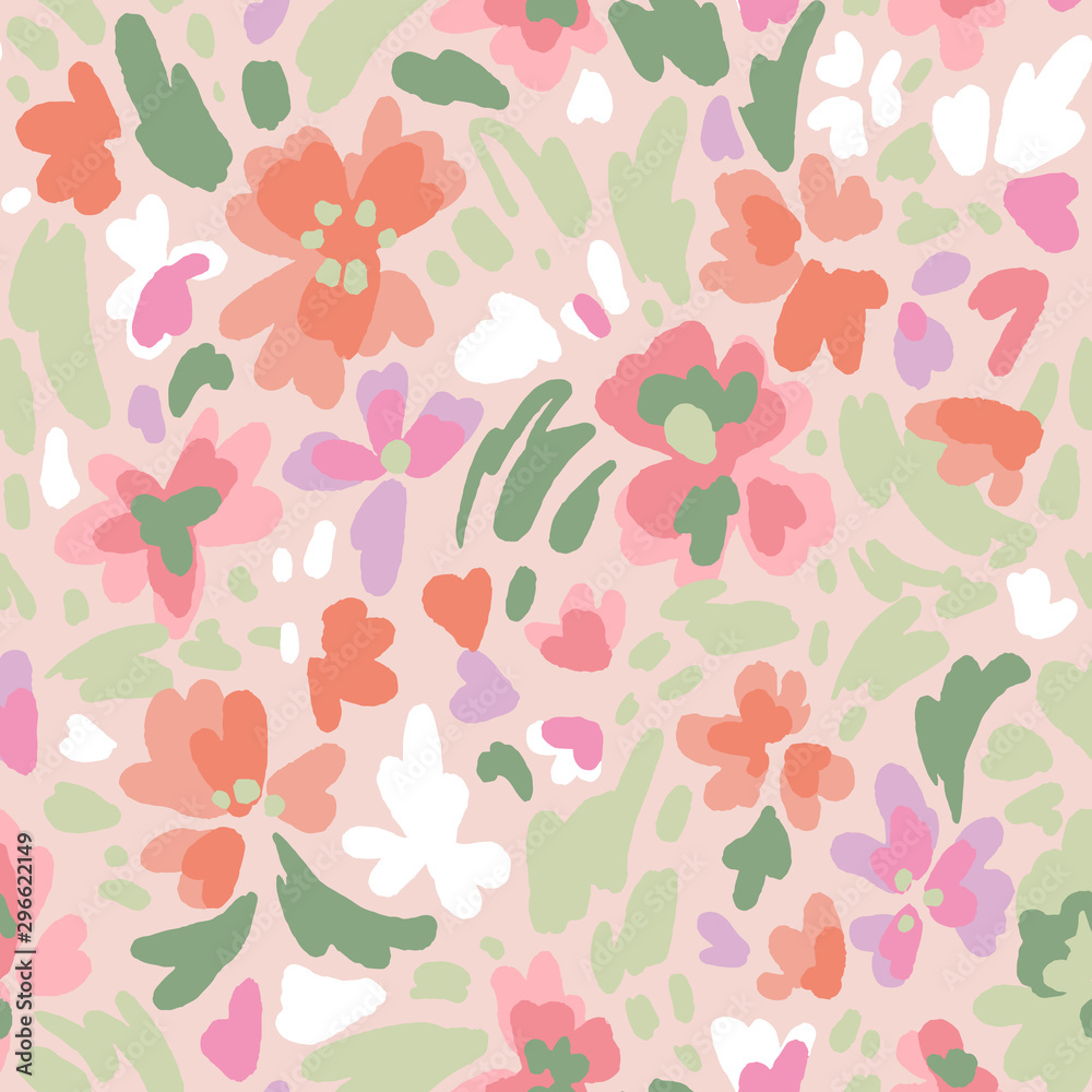 Flat creative floral seamless pattern with flowers. Hand drawn artistic cartoon doodle style background. Bright botanical ornament.