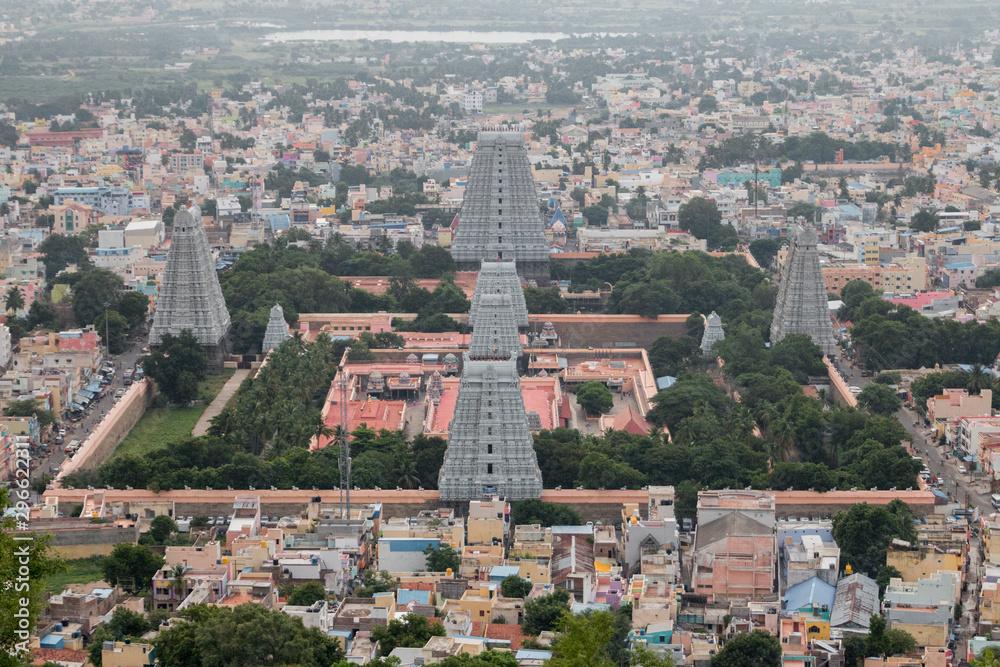 Overall view of the Annamalaiyar temple from the Arunchalahill sacred mountain hiking on a summer day, Tiruvannamalai, Tamil Nadu, India 2019