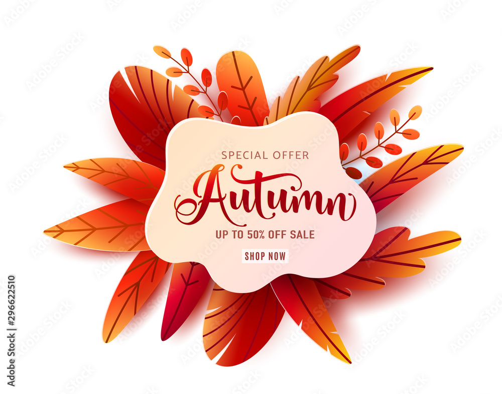 Autumn sale round vector banner background. Fall ad circle shape with  liquid form at the center and text offer sign. Red, orange abstract leaves  in simple flat paper cut style Stock Vector |