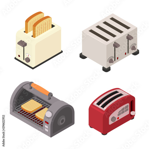 Toaster icons set. Isometric set of toaster vector icons for web design isolated on white background