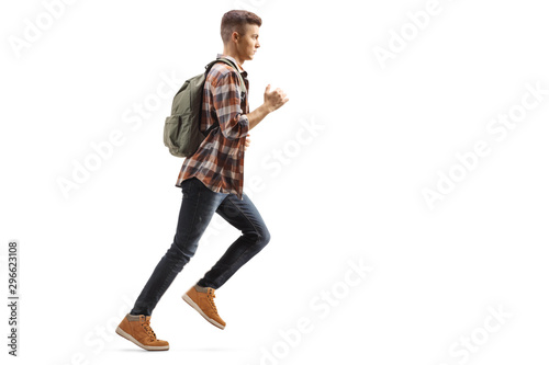 Male student with a backpack running