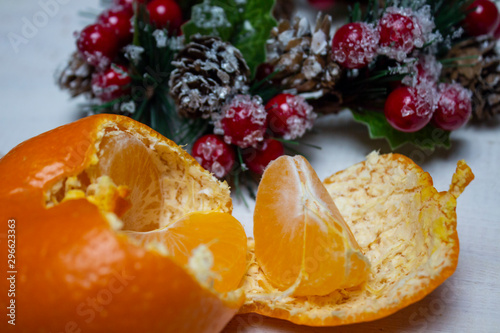 Christmas wreath and mandarin. Christmas holidays. copyspace