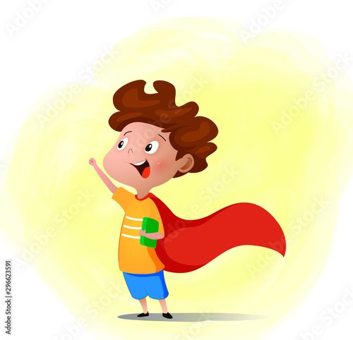 Cartoon child playing superhero with book in