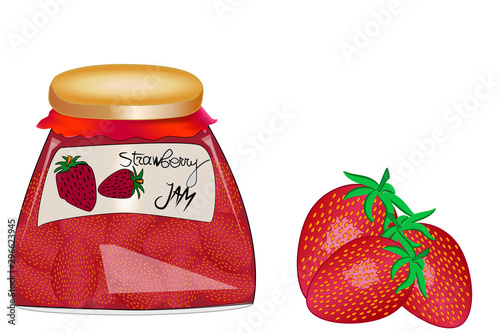 Glass jar with strawberry jam isolated on white background. Jar of marmalade from juicy red strawberries. Fresh berries with leaves. Delicious organic food. Label mockup for jam. Vector illustration