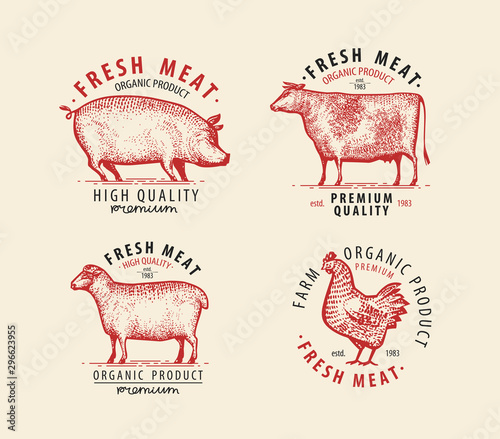Meat set of labels. Butcher shop symbol. Vintage vector illustration