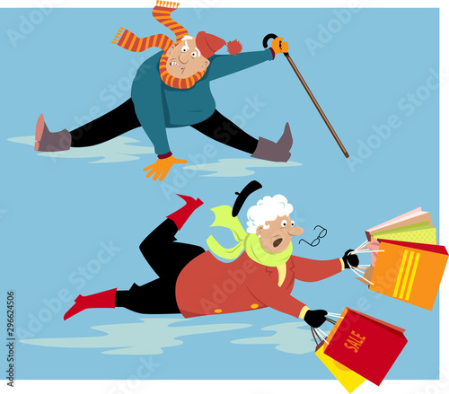 Elderly people slipping and falling on ice, EPS 8 vector illustration