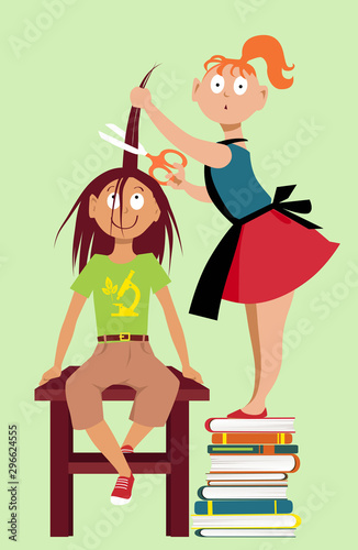Little girl is giving a haircut to her friend, EPS 8 vector illustration