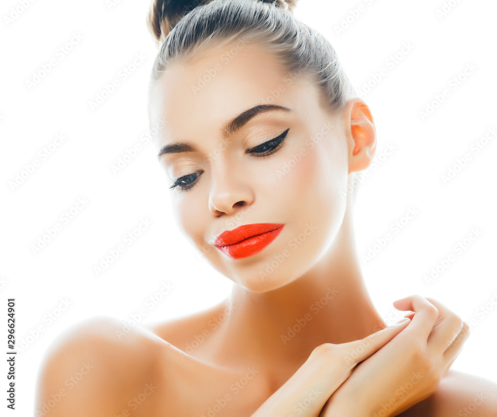 Fototapeta premium young pretty brunette real woman close up isolated on white background. Fancy fashion makeup, natural look spa