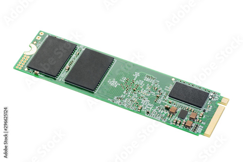 NVME M2 SSD disk for data storage at high speed, isolated on white background. Close-up macro shot.