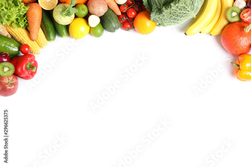 Fototapeta Naklejka Na Ścianę i Meble -  Composition with ripe vegetables and fruits isolated. Top view