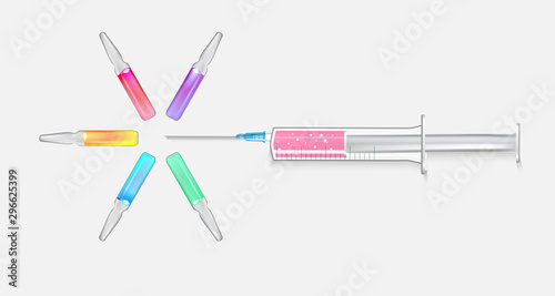 Set of transparent Medical Ampoules with Colorful liquid drug solution. Disposable syringe.Vial injection. Treatment disease care and prevention illness. Glass bottles for vaccine, drug, vitamin