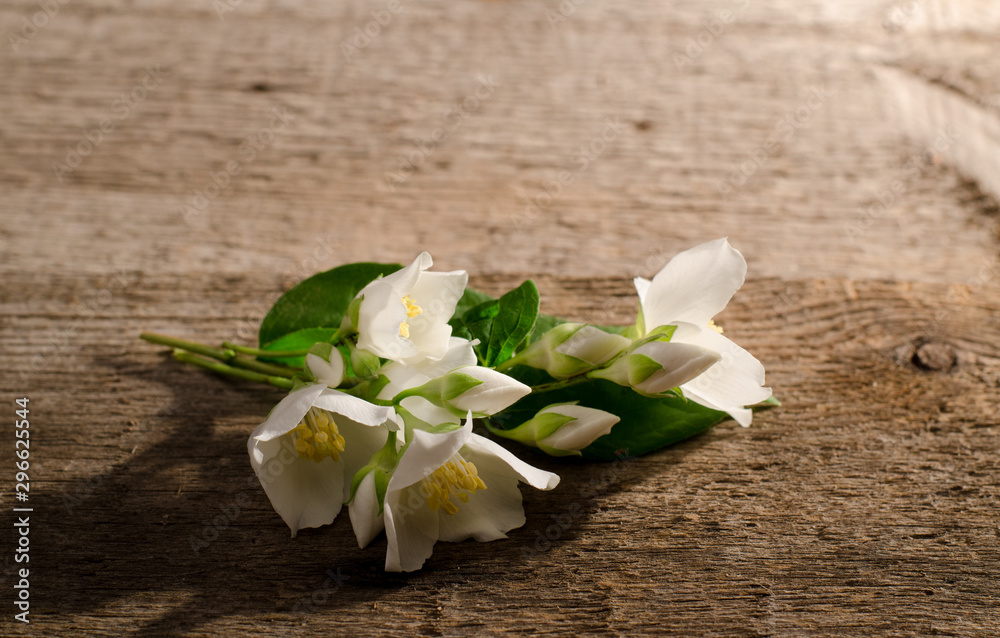 Fresh fragrant white flower of jasmine on old wooden table.