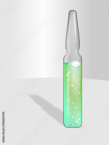 Transparent Medical Ampoule with Neon Green liquid drug solution.Vial hypodermic injection.Treatment disease care and prevention illness.Realistic Glass bottle for vaccine, drug, vitamin, cosmetic
