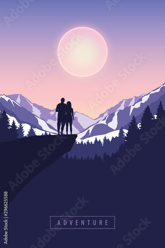 couple on a cliff in snowy mountain at moon shine vector illustration EPS10