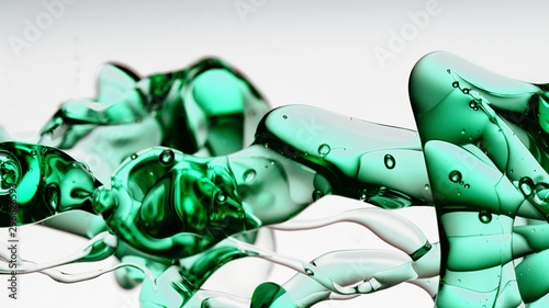 transparent petrol, green blue oil bubbles and fluid shapes in purified water on a white gradient background. Side angle with crystal colored bubbles in purified water cosmetic backdrop with copy spac