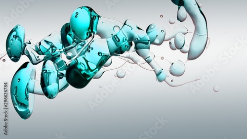 transparent turquoise oil bubbles and fluid shapes in purified water on a white gradient background. Side angle with crystal colored bubbles in purified water cosmetic backdrop with copy space for sci