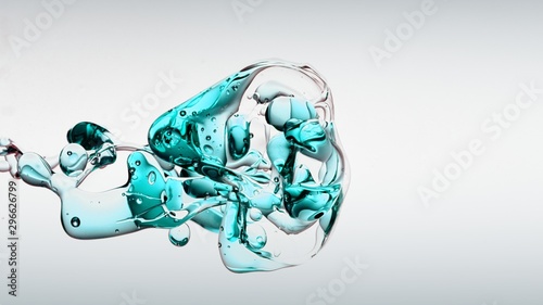 Fototapeta Naklejka Na Ścianę i Meble -  transparent turquoise oil bubbles and fluid shapes in purified water on a white gradient background. Side angle with crystal colored bubbles in purified water cosmetic backdrop with copy space for sci