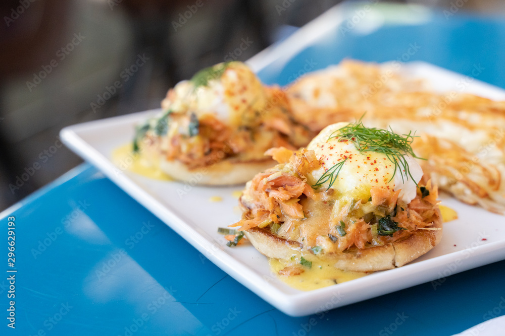 Salmon eggs benedict. A Pacific Northwest spin on a classic breakfast item. Delicious and fresh salmon, eggs, hollandaise sauce, and English muffins for breakfast or brinch. Salmon eggs benedict. A Pacific Northwest spin on a classic breakfast item. Delicious and fresh salmon, eggs, hollandaise sauce, and English muffins for breakfast or brinch.