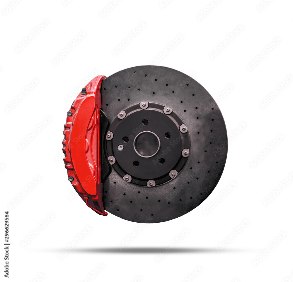 Ceramic disc brake with red caliper isolated on a white background Ceramic disc brake with red caliper isolated on a white background