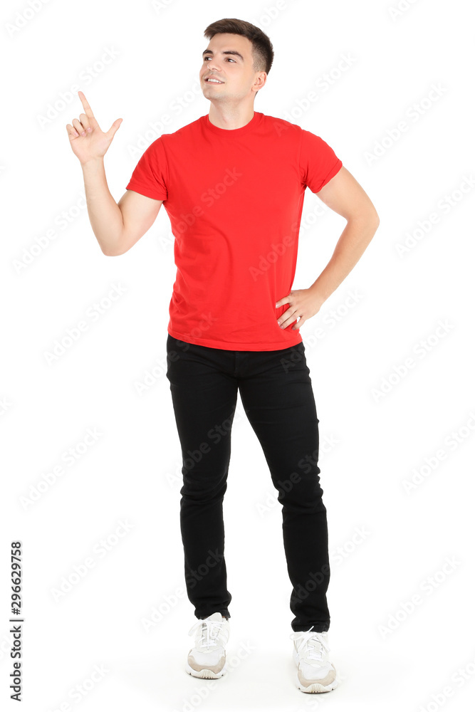 Young man showing finger up on white background