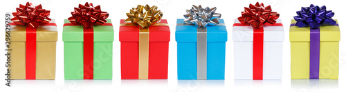 christmas presents birthday gifts in a row isolated on white