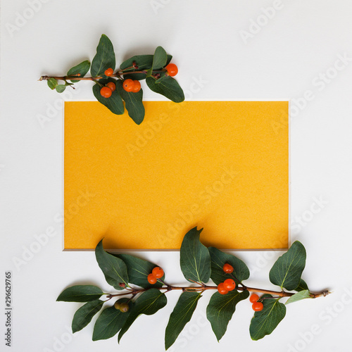 Creative Layout Made Of Branches With Green Leaves And Red Berries, And A Cardboard Frame On Yellow Background. Minimalistic Nature Framed Concept With Copy Space. photo