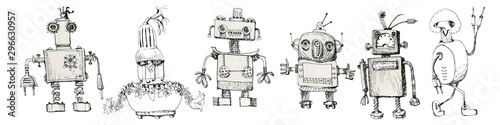Team of robots. Vintage toys. Ink drawing. photo