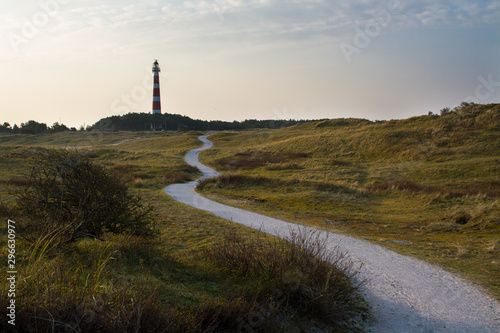 Path leading towards vuurtoren, the lighthouse of Ameland early in the morning
