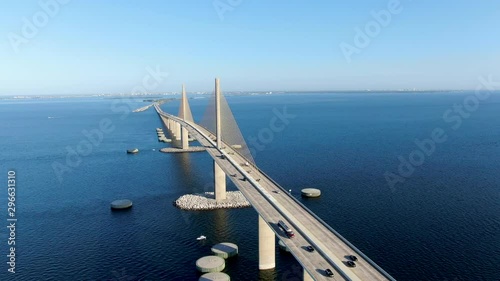Aerial view of Sunshine Skyway, Tampa Bay Florida, USA. Cable-stayed bridge spanning the Lower Tampa Bay connecting St. Petersburg