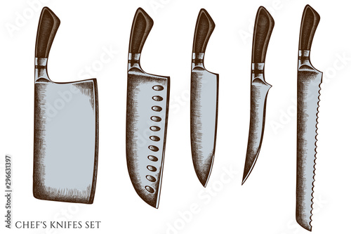 Vector set of hand drawn colored Chef s knifes