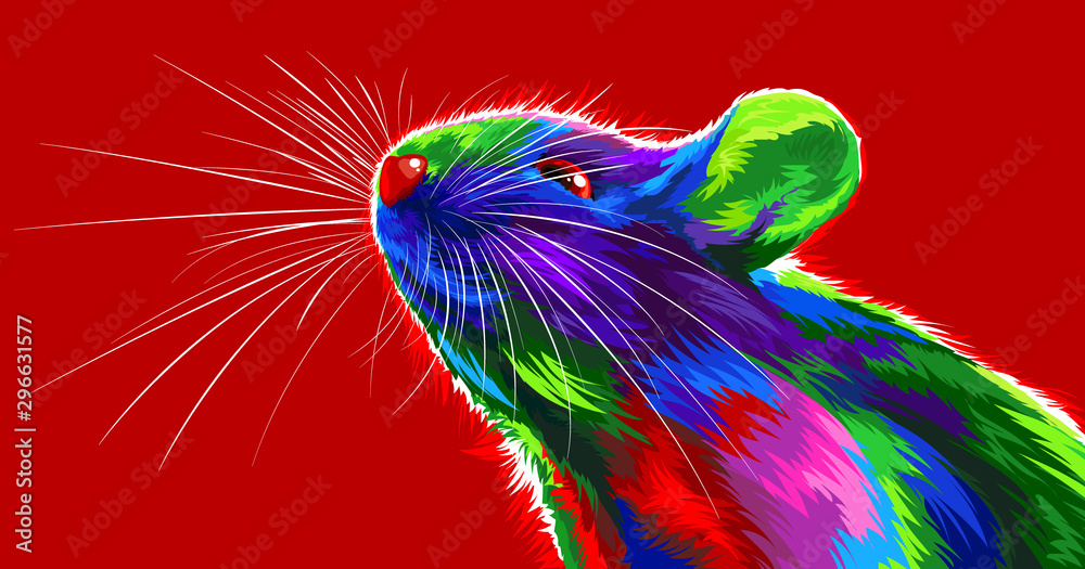 Rat on a red background. Symbol of the Chinese New Year 2020. multicolored, bright animal for a card or calendar. vector mouse. Merry Christmas and happy new year greeting card. rodent